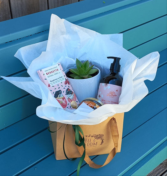 Potted plant with a white paper bag on a blue wooden surface