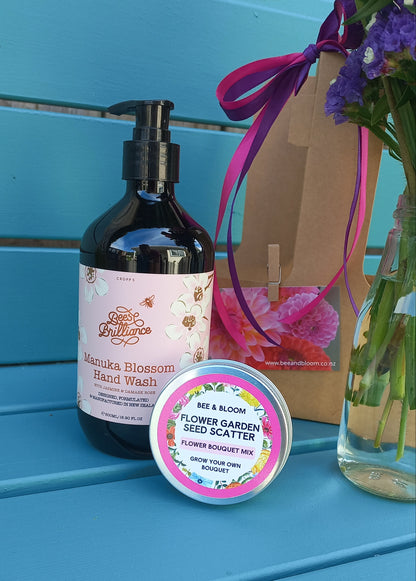 Bottle of milk with a container labeled 'Lotion' on a blue surface with flowers in the background