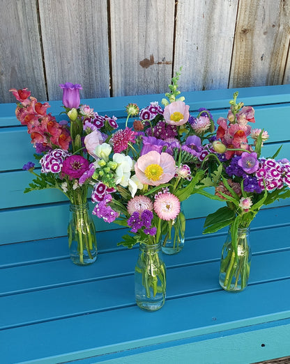 bottles of colourful flowers on a blue bench